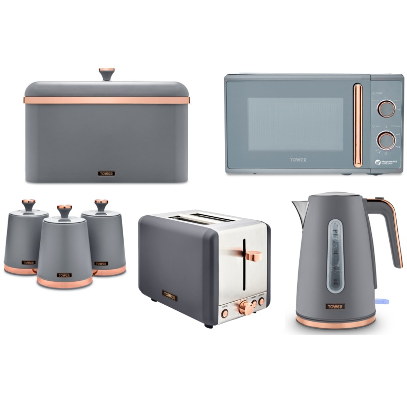 Tower Cavaletto Grey Jug Kettle, 2 Slice Toaster, 800W 20L Microwave, Breadbin & Canisters Matching Set