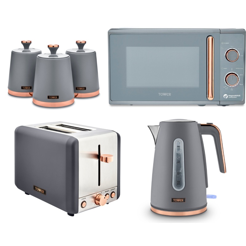 Tower Cavaletto Grey Jug Kettle 2 Slice Toaster Microwave & 3 Canisters Set