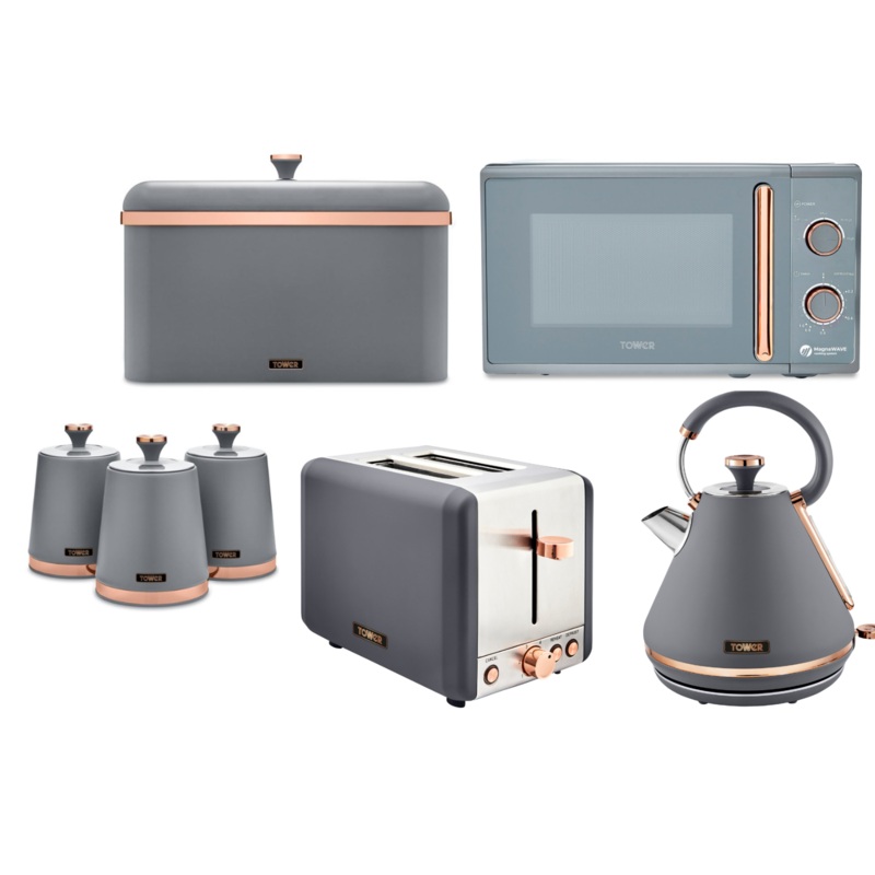 Tower Cavaletto Grey Pyramid Kettle 2 Slice Toaster Microwave Breadbin Canisters Set