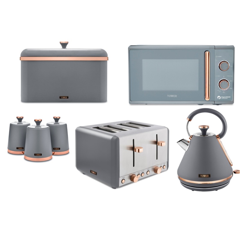 Tower Cavaletto Grey Pyramid Kettle 4 Slice Toaster Microwave Breadbin & Canisters Set