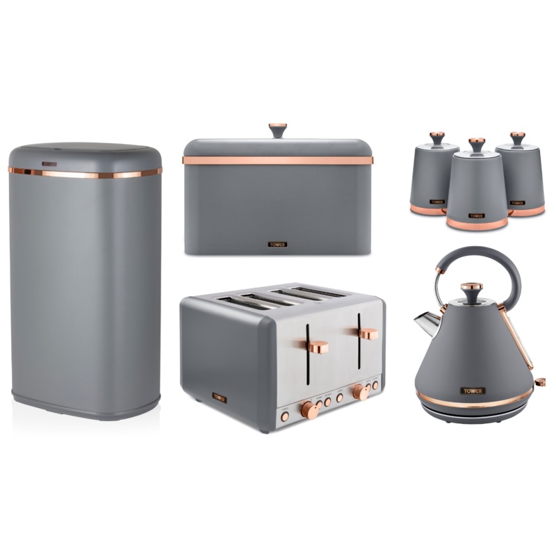 Tower Cavaletto Grey Pyramid Kettle Toaster Breadbin Canisters & 58L Sensor Bin