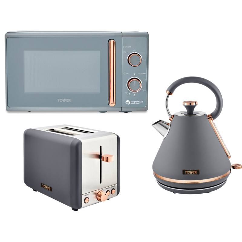Tower Cavaletto Grey & Rose Gold Pyramid Kettle, 2 Slice Toaster & 800W 20L Microwave