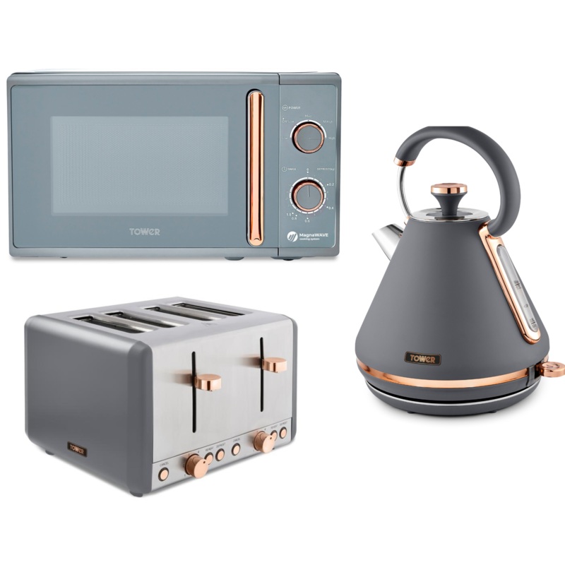 Tower Cavaletto Grey & Rose Gold Pyramid Kettle 4 Slice Toaster & Microwave