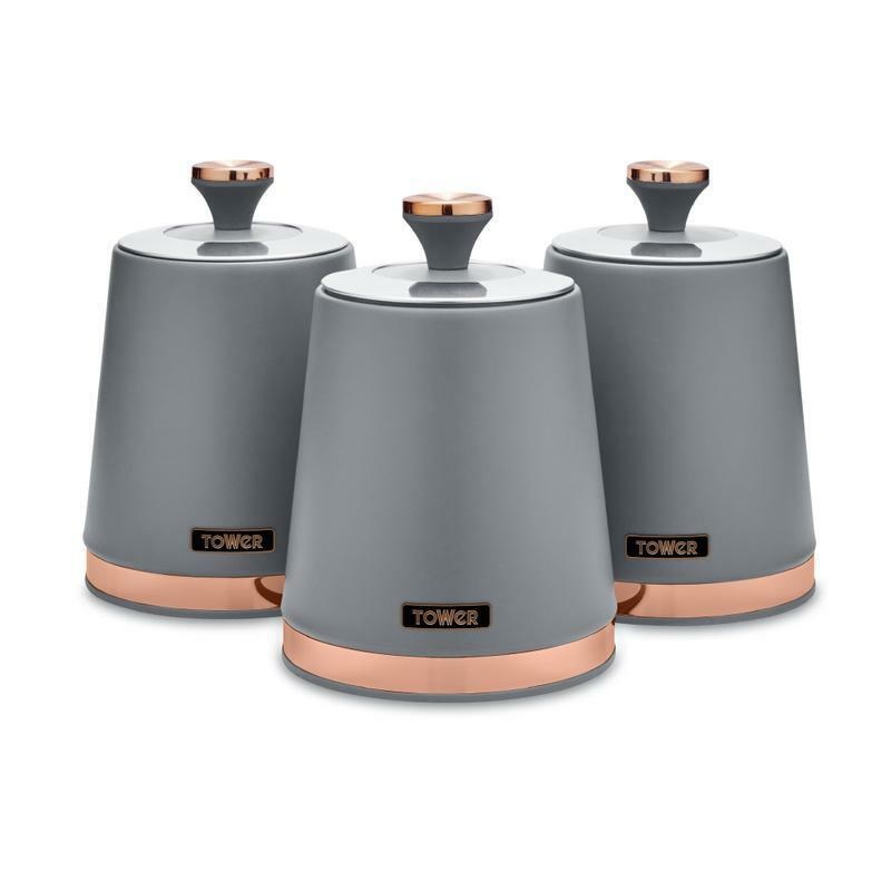 TOWER Cavaletto Grey Tea Coffee Sugar Canisters Set Rose Gold Accents T826131GRY