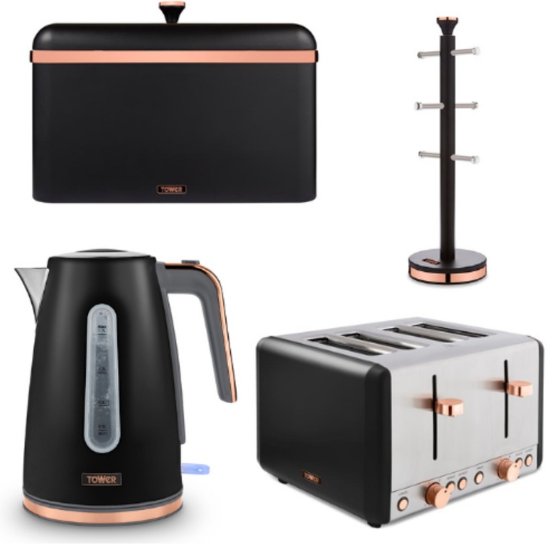 Tower Cavaletto Jug Kettle 4 Slice Toaster Breadbin & Mug Tree Black & Rose Gold