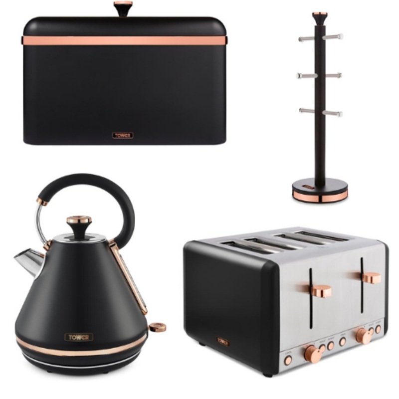 Tower Cavaletto Kettle, 4 Slice Toaster, Bread Bin & Mug Tree in Black & Rose Gold