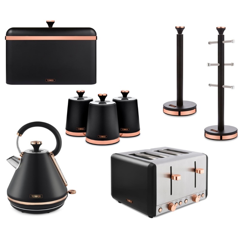 TOWER Cavaletto Kettle Toaster Bread Bin Canisters Mug Tree Towel Pole Black & Rose Gold
