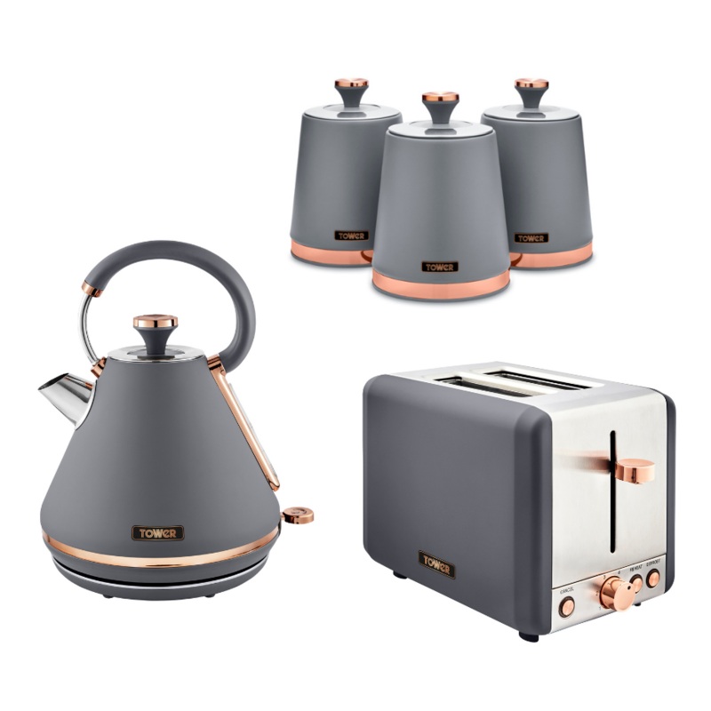 Tower Cavaletto Pyramid Kettle 2 Slice Toaster & 3 piece Canisters Set Grey & Rose Gold