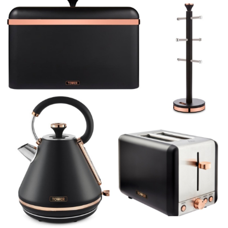 TOWER Cavaletto Pyramid Kettle 2 Slice Toaster Bread Bin & Mug Tree Black & Rose Gold