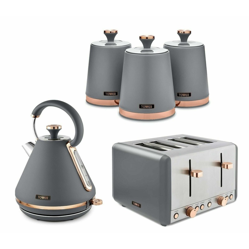 Tower Cavaletto Pyramid Kettle, 4 Slice Toaster & Canisters Set Grey & Rose Gold