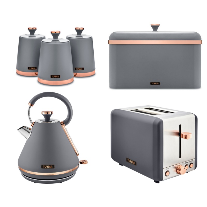 Tower Cavaletto Pyramid Kettle, Toaster, Bread Bin & Canisters Matching Set in Grey & Rose Gold