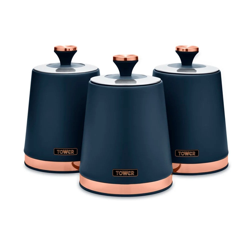 TOWER Cavaletto Tea Coffee Sugar Canisters Midnight Blue & Rose Gold Kitchen Storage