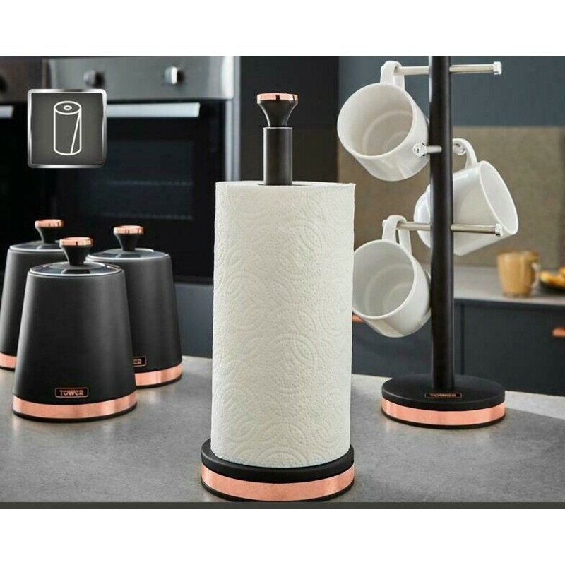 TOWER Cavaletto Tea, Coffee, Sugar Canisters, Mug Tree & Towel Pole Set Black & Rose Gold