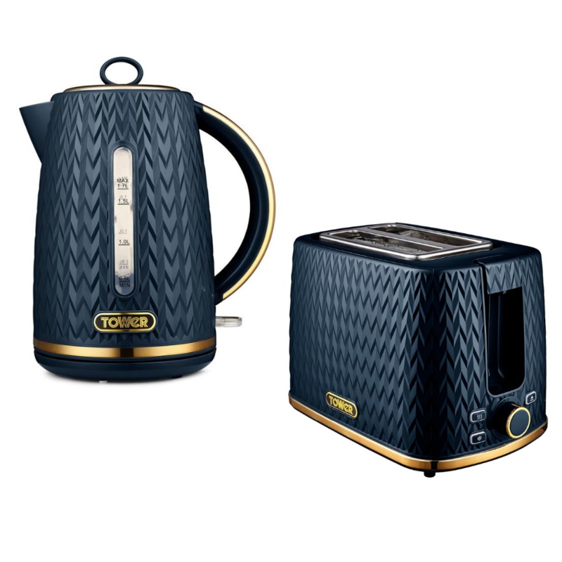 Tower Empire 1.7L 3KW Jug Kettle & 2 Slice Toaster Midnight Blue & Brass Accents