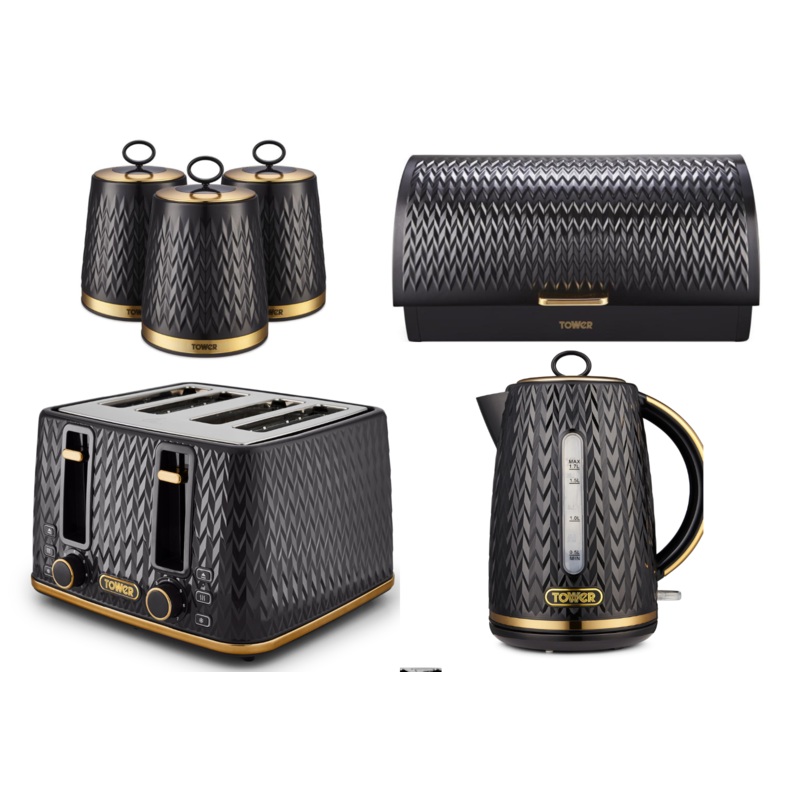 Tower Empire 1.7L 3KW Jug Kettle, 4 Slice Toaster, Bread Bin & 3 Canisters Matching Set of 6 in Black & Brass