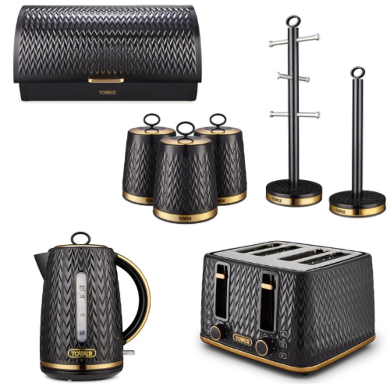Tower Empire Black Kitchen Set of 8 - 1.7L 3KW Jug Kettle, 4 Slice Toaster, Bread Bin, Canisters, Mug Tree & Towel Pole. Art Deco Design