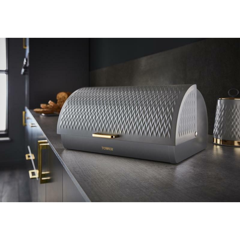 TOWER Empire Bread Bin Grey & Brass Kitchen Storage Roll Top Bread Bin