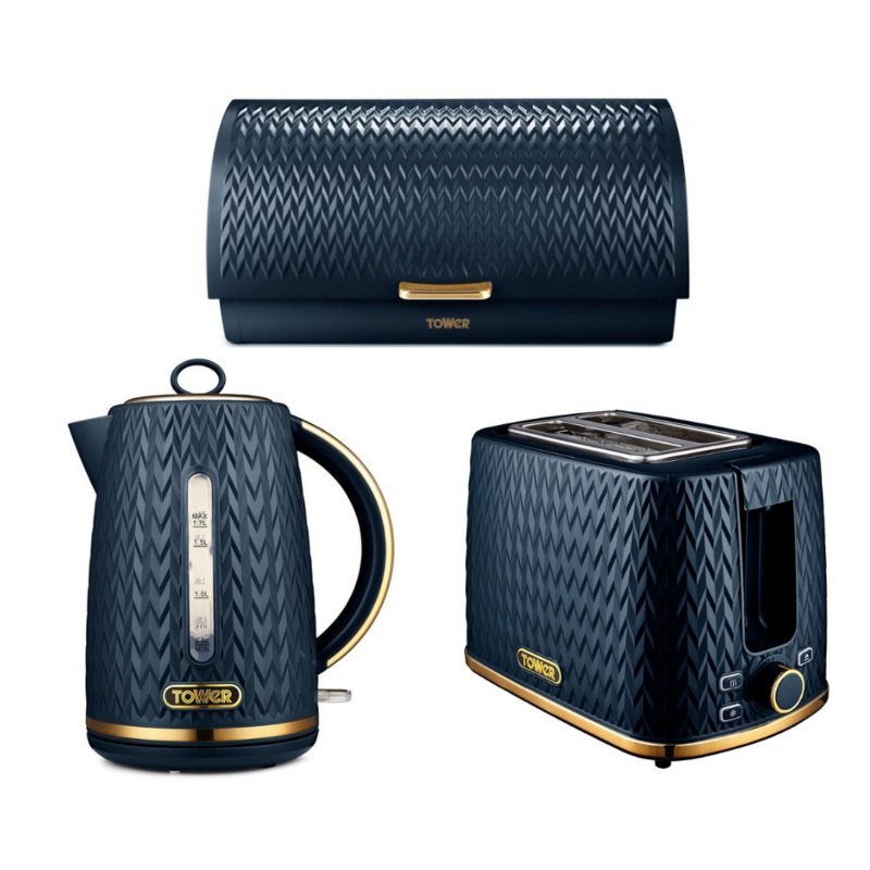 Tower Empire Kettle, 2 Slice Toaster & Bread Bin Art Deco Midnight Blue & Brass