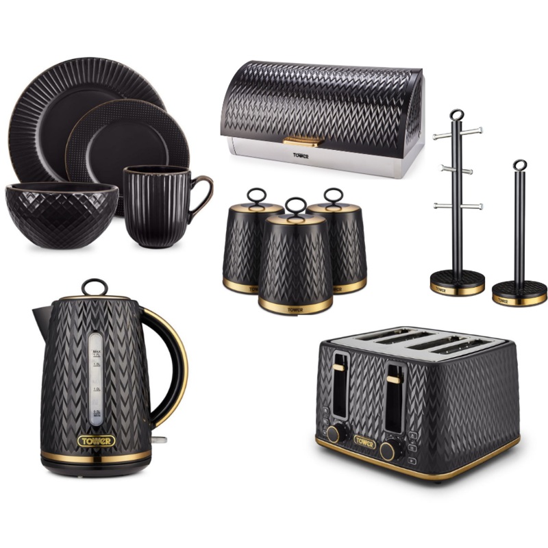 TOWER Empire Kettle Toaster Canisters Bread Bin Mug Tree Towel Pole & 16 Piece Dinner Set in Black with Brass Accents
