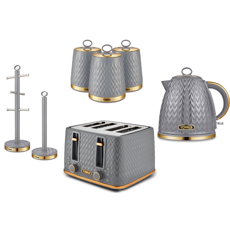 Tower Empire Pyramid Kettle 4 Slice Toaster 3 Canisters Mug Tree Towel Pole Grey
