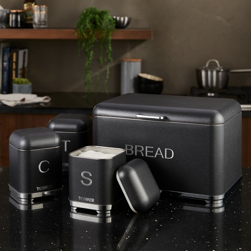 Tower Glitz Noir Bread Bin Canisters Kitchen Storage Set in Sparkling Black