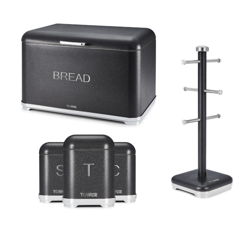 Tower GLITZ Noir Bread Bin, Canisters, Mug Tree Set in Shimmering Black
