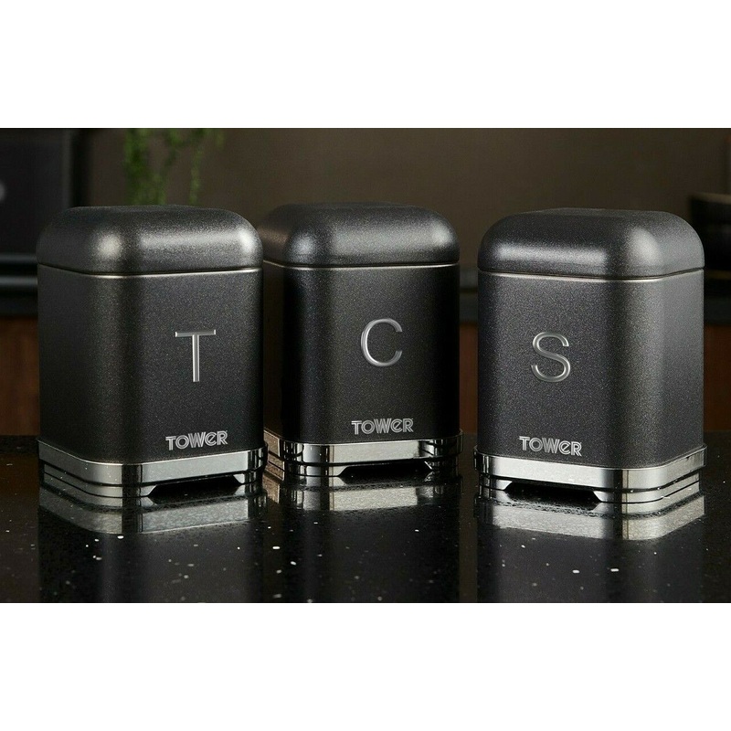 Tower Glitz Noir Tea, Coffee, Sugar Canisters in Black Kitchen Storage Set