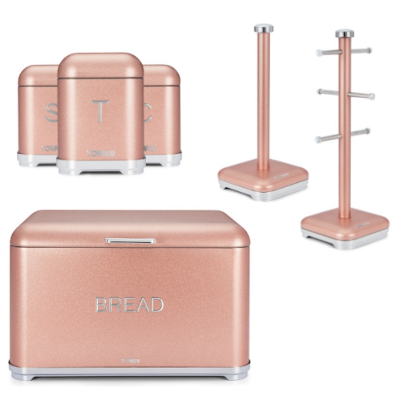 Tower GLITZ Pink Bread Bin, Canisters Mug Tree & Towel Pole Kitchen Set of 6
