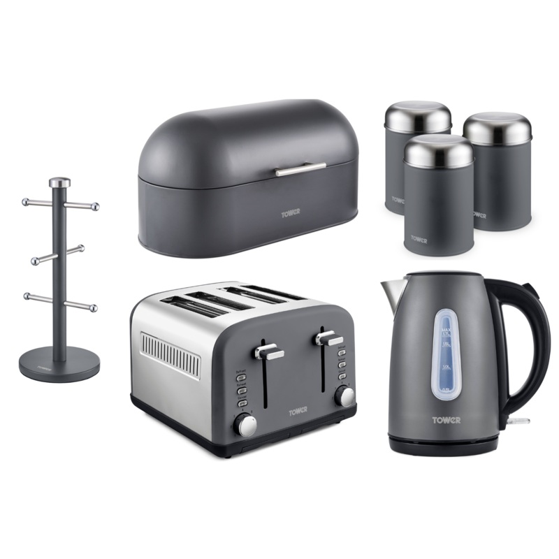 Tower Infinity Kettle 4 Slice Toaster Bread Bin 3 Canisters & Mug Tree Grey Set