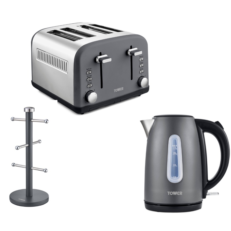 Tower Infinity Kettle 4 Slice Toaster & Mug Tree Kitchen Set in Slate Grey
