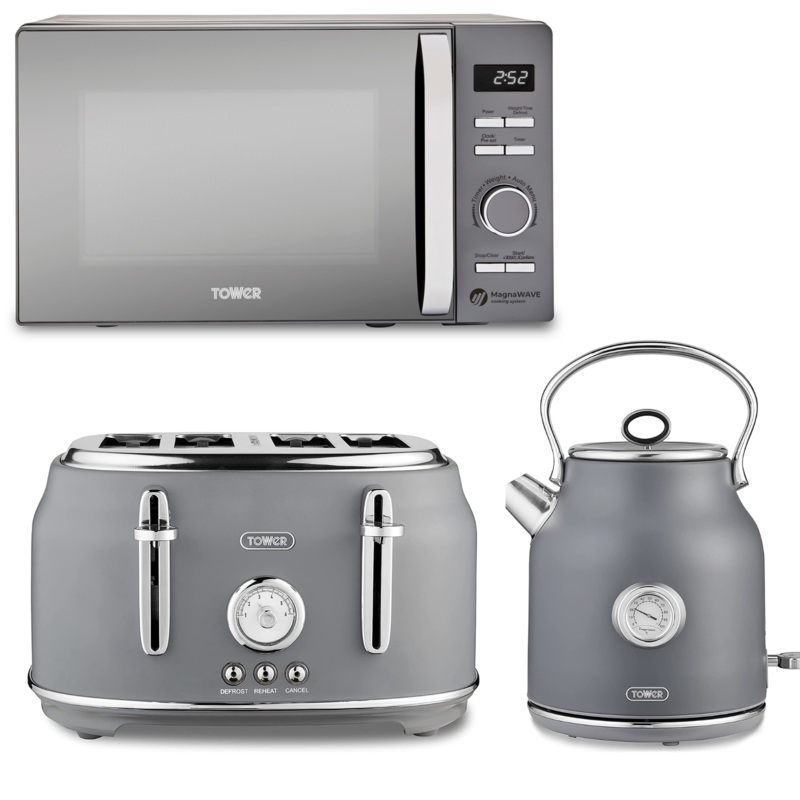 Tower Renaissance Grey Kettle 4 Slice Toaster & 800W 20L Microwave Kitchen Set