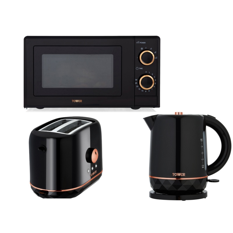 Tower Rose Gold & Black 1.5L Kettle, 2 Slice Toaster & 700W 20L Microwave