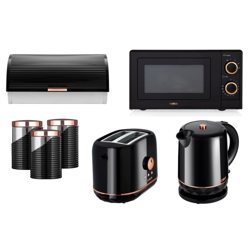 Tower Rose Gold & Black 1.5L Kettle, 2 Slice Toaster, 700W 20L Microwave, Bread Bin & 3 Canisters Set
