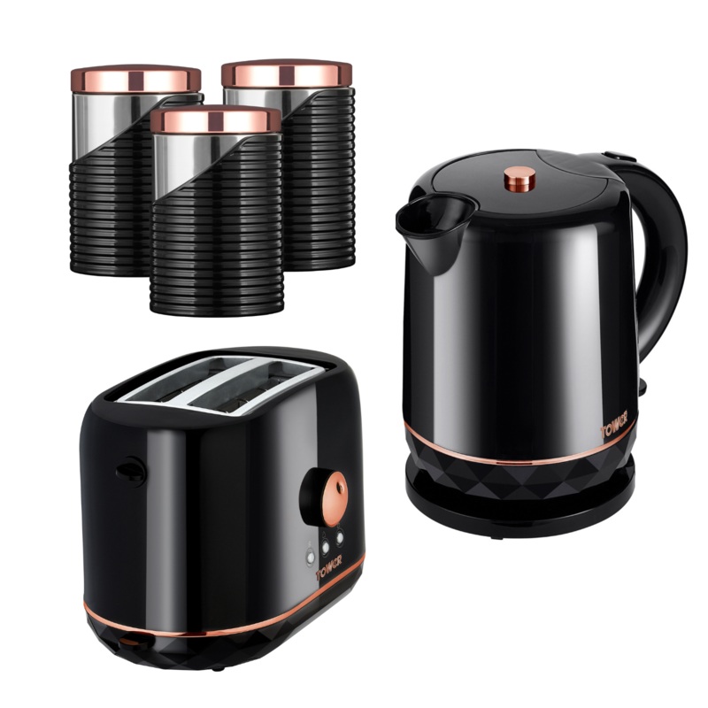 Tower Rose Gold & Black 1.5L Kettle, 2 Slice Toaster & Tea Coffee Sugar Canisters Matching Kitchen Set