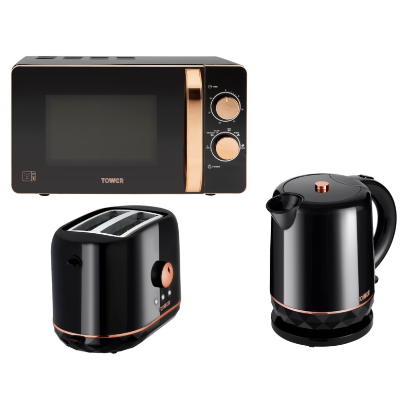 Tower Rose Gold & Black Kettle 2 Slice Toaster & 800W 20L Microwave Kitchen Set