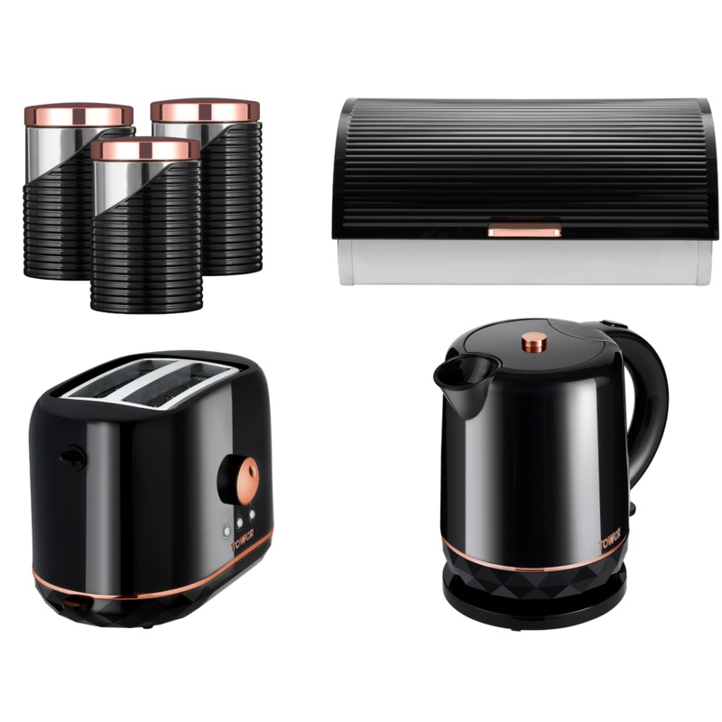 Tower Rose Gold & Black Kettle, 2 Slice Toaster, Bread Bin & 3 Canisters Set
