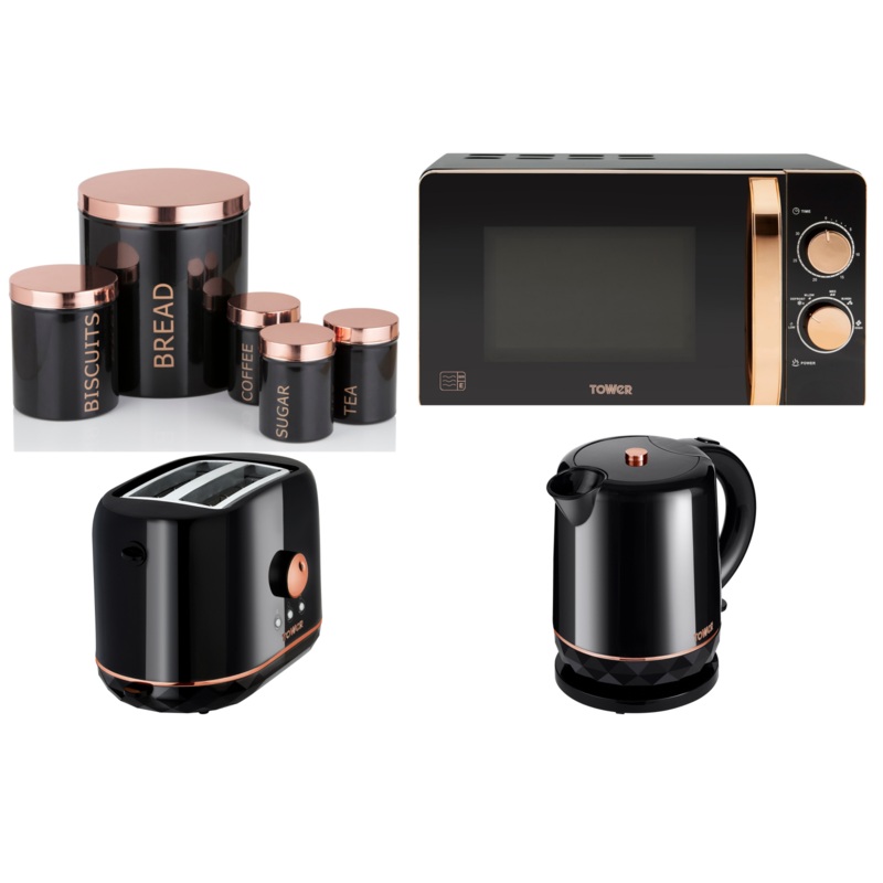 Tower Rose Gold/Black Kettle Toaster 20L Microwave & 5 Piece Kitchen Storage Set