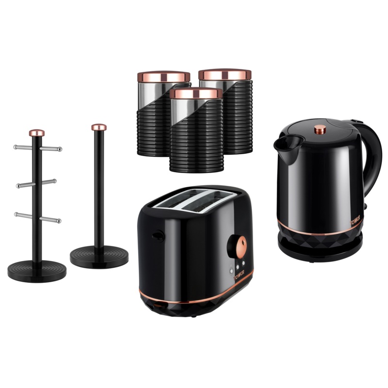 Tower Rose Gold/Black Kettle Toaster 3 Canisters Mug Tree & Towel Pole Set of 7