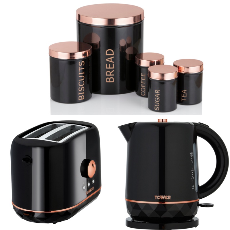 Tower Rose Gold/Black Kettle Toaster 5 Piece Storage Set. Matching Kitchen Set