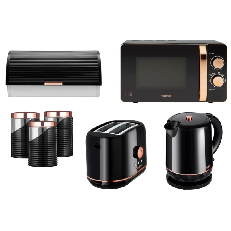 Tower Rose Gold/Black Kettle Toaster 800W 20L Microwave Bread Bin & Canisters