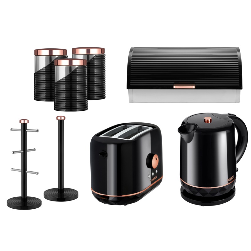 Tower Rose Gold & Black Kettle Toaster Bread Bin Canisters Mug Tree & Towel Pole