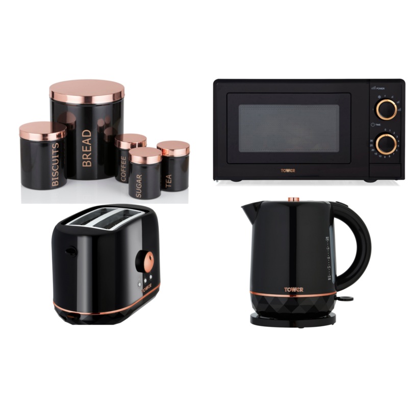 Tower Rose Gold & Black Kettle Toaster Microwave & 5 Piece Kitchen Storage Set