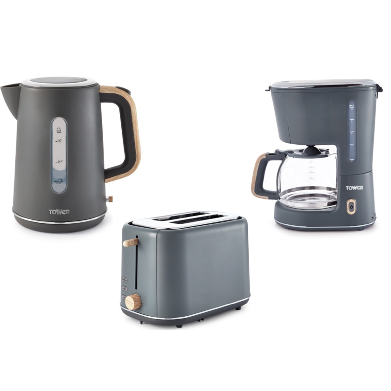 Tower Scandi Grey  Kettle 2 Slice Toaster & Coffee Maker Scandinavian Style Set