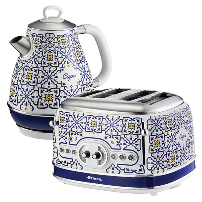 Ariete Capri 1.7L Kettle and 4 Slice Toaster White and Blue Design Breakfast Set AR8962 / AR1562