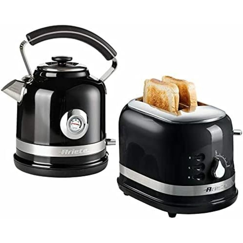 Ariete Moderna Black 1.7L Temperature Dial Kettle & 2 Slice Toaster Breakfast Set AR2855/AR1492