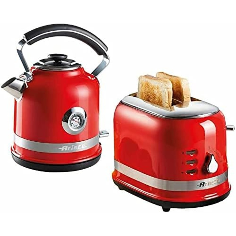 Ariete Moderna Red 1.7L Temperature Dial Kettle and 2 Slice Toaster Breakfast Set AR2857/AR1491