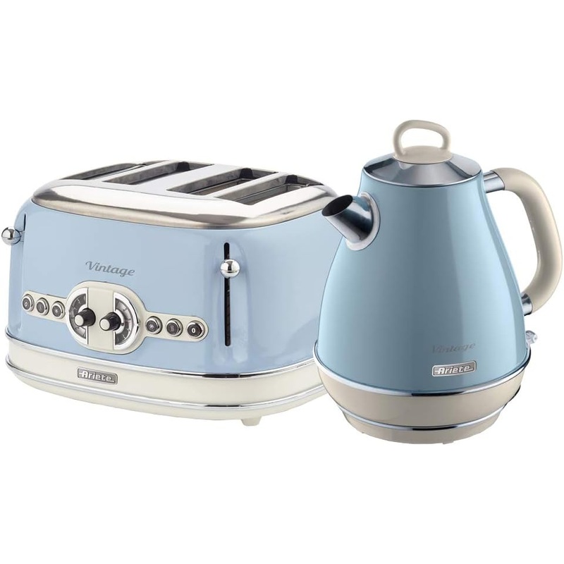 Ariete Vintage Blue 1.7L Retro Jug Kettle & 4 Slice Toaster Breakfast Set AR6905/AR5605