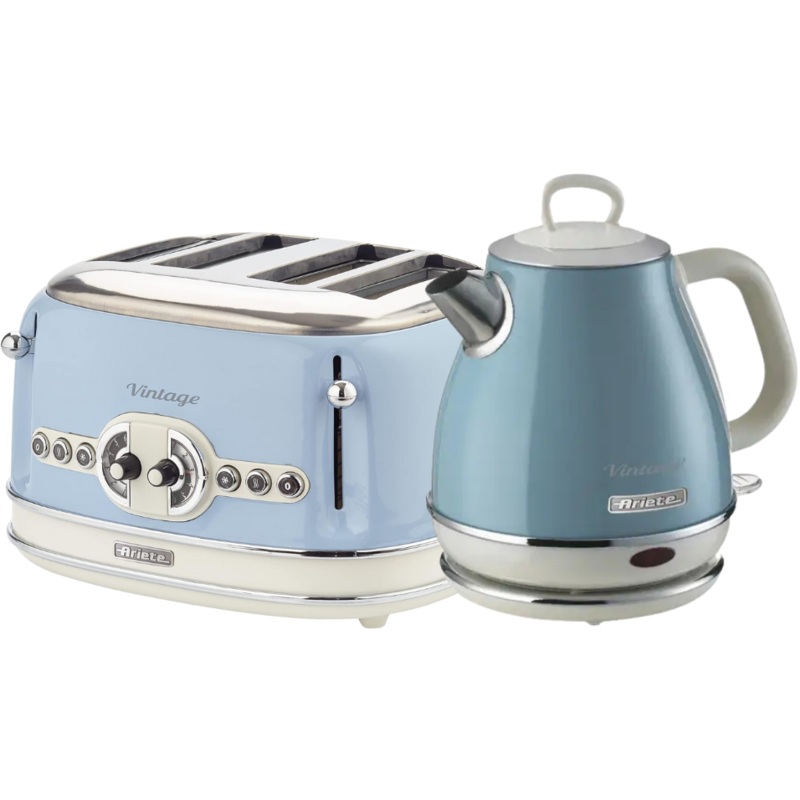 Ariete Vintage Blue 1L Jug Kettle & 4 Slice Toaster Retro Breakfast Set AR6805/AR5605