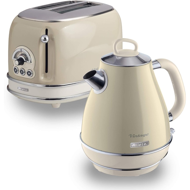 Ariete Vintage Cream 1.7L Retro Jug Kettle & 2 Slice Toaster Breakfast Set AR6903/AR5513