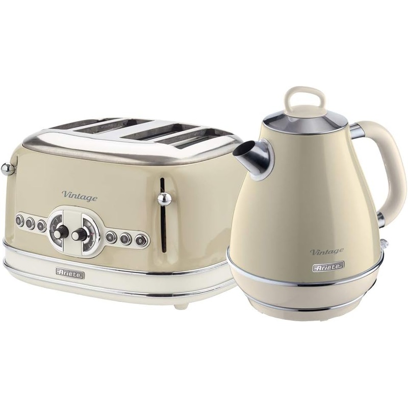 Ariete Vintage Cream 1.7L Retro Style Jug Kettle & 4 Slice Toaster Breakfast Set AR6903/AR5603